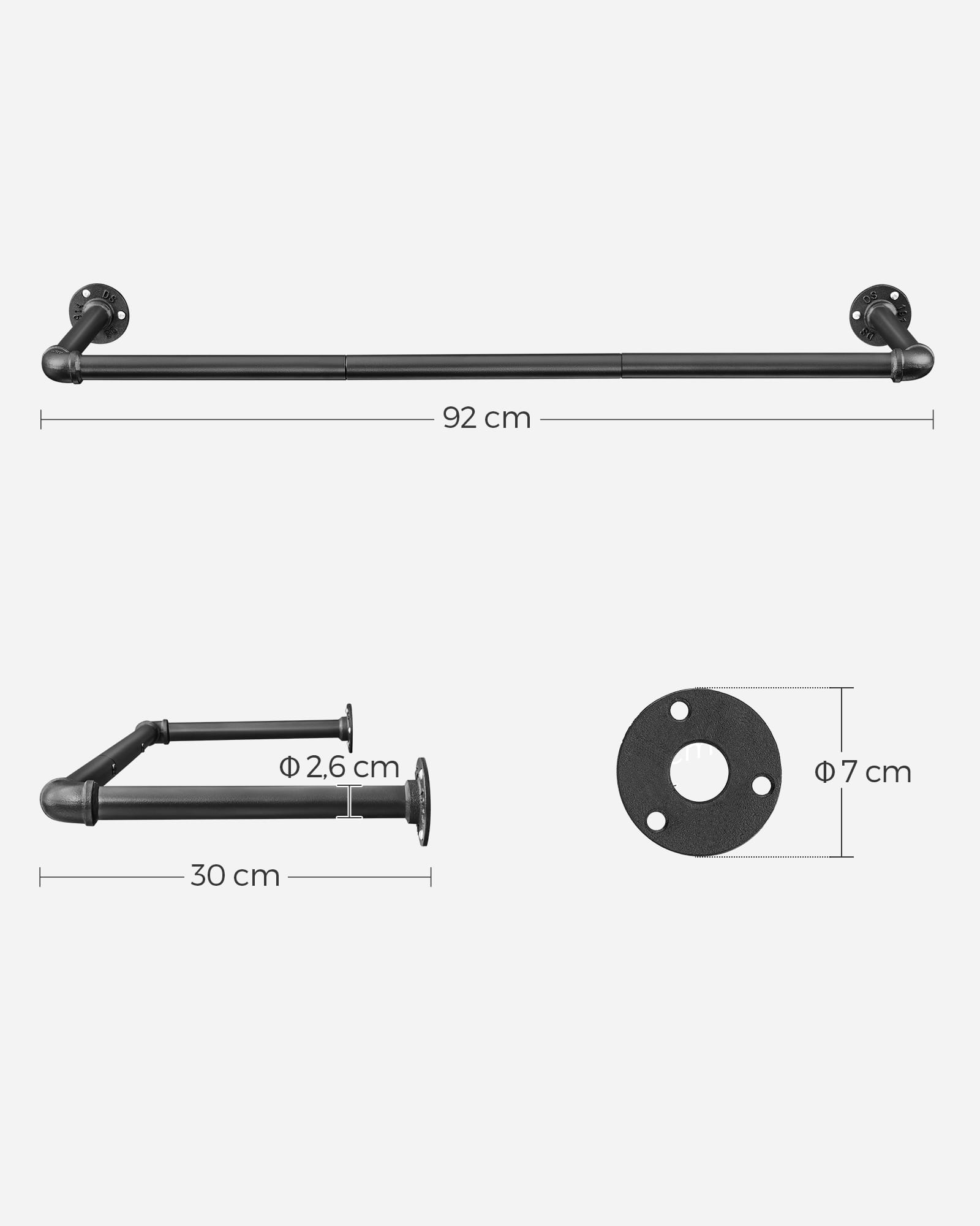 Seinale kinnitatavad tööstuslikud riidestanged, 2 tk, 92 cm, must – SONGMICS HSR67BK02 - Pilt 5